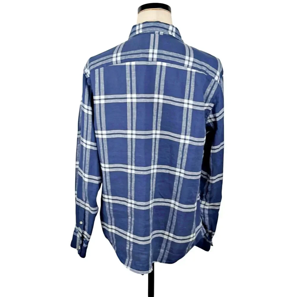 UNTUCKit Men's Large Linen Blue White Plaid L/S Shirt Wrinkle Resistant - Picture 3 of 7